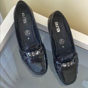 Ara Black Patent Leather Loafers with Silver Embellishments